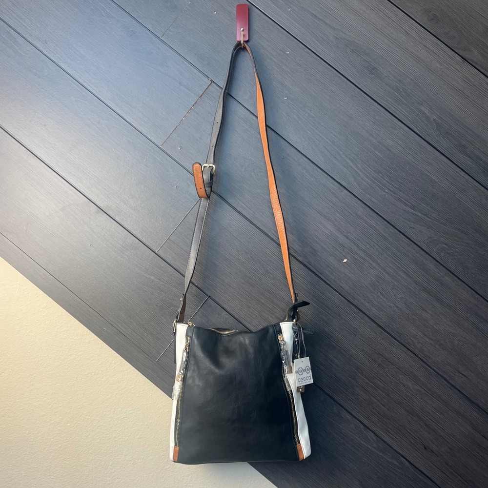 Cesca Women's Crossbody Bag Black White‎ Colorblock Gold Hardware NWT